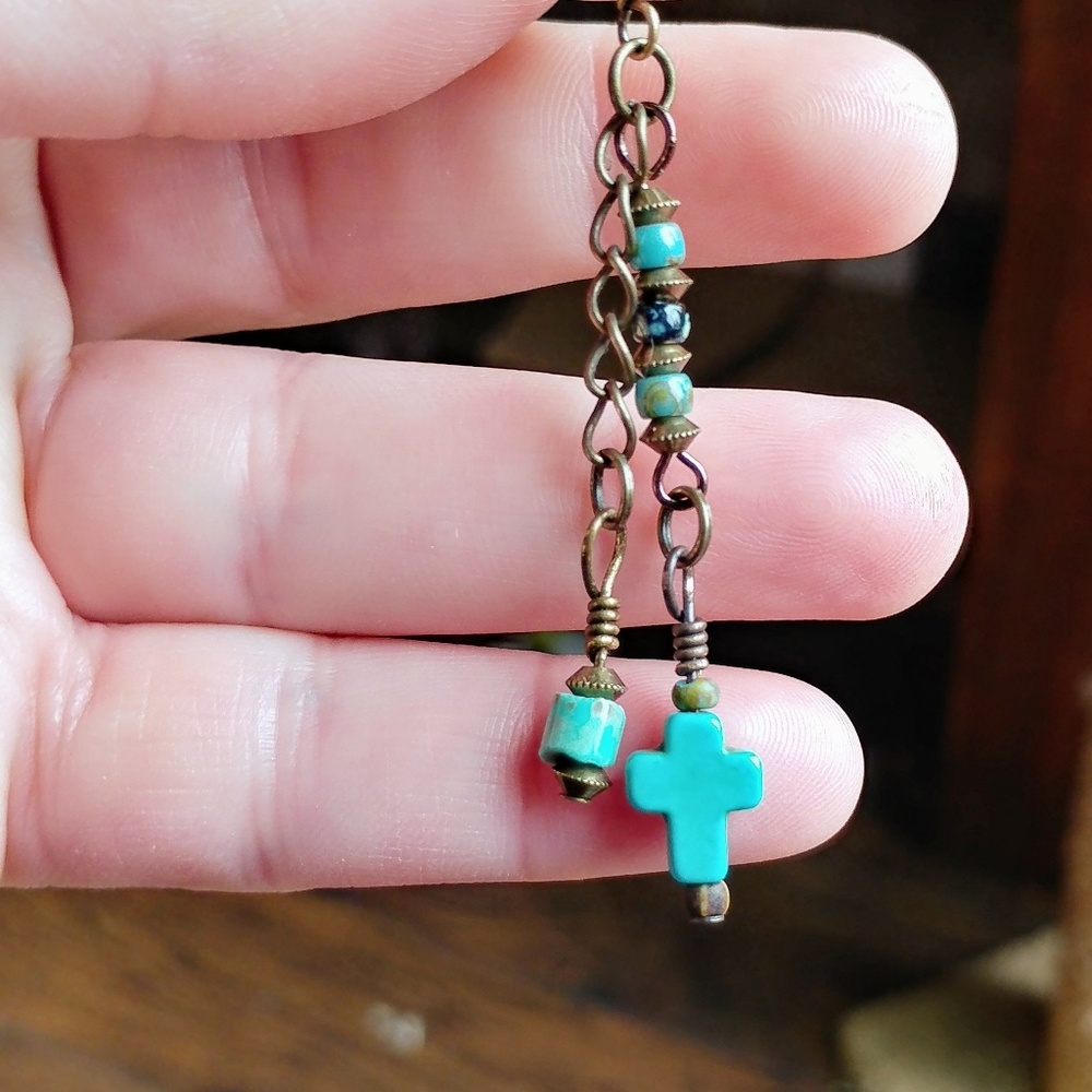 🚫SOLD🚫Brassy Boho Glass & Turquoise Cross - Picture 5 of 7